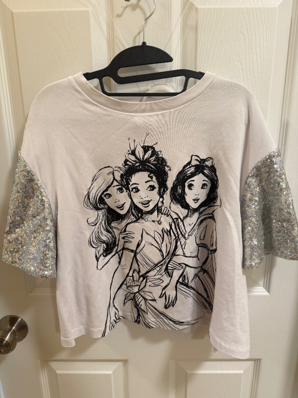 Disney Princess Graphic Tee Sequin Sleeve Crop Top White Size XL